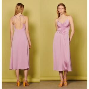 Sandro Midi Dress 6 Praline Lilac Slip Spaghetti Straps Ruched SatinNWT